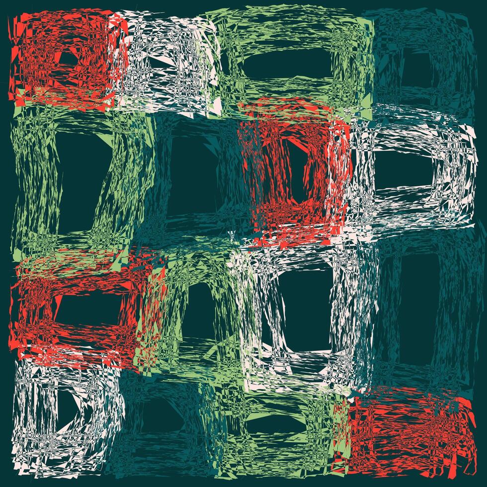 Abstract square pattern in rough grunge texture with vibrant red, green, and white strokes vector