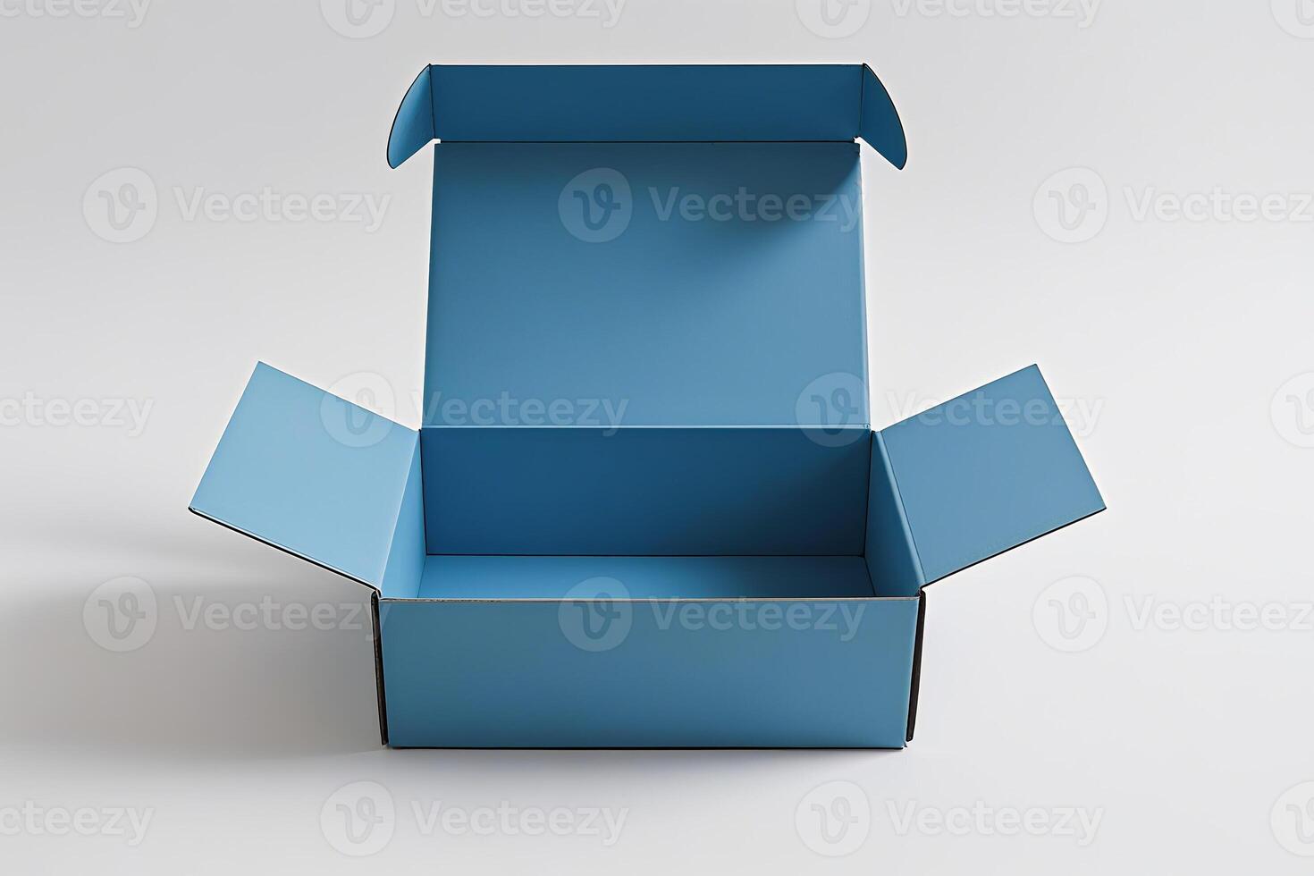 open blue box front view white backdrop photo