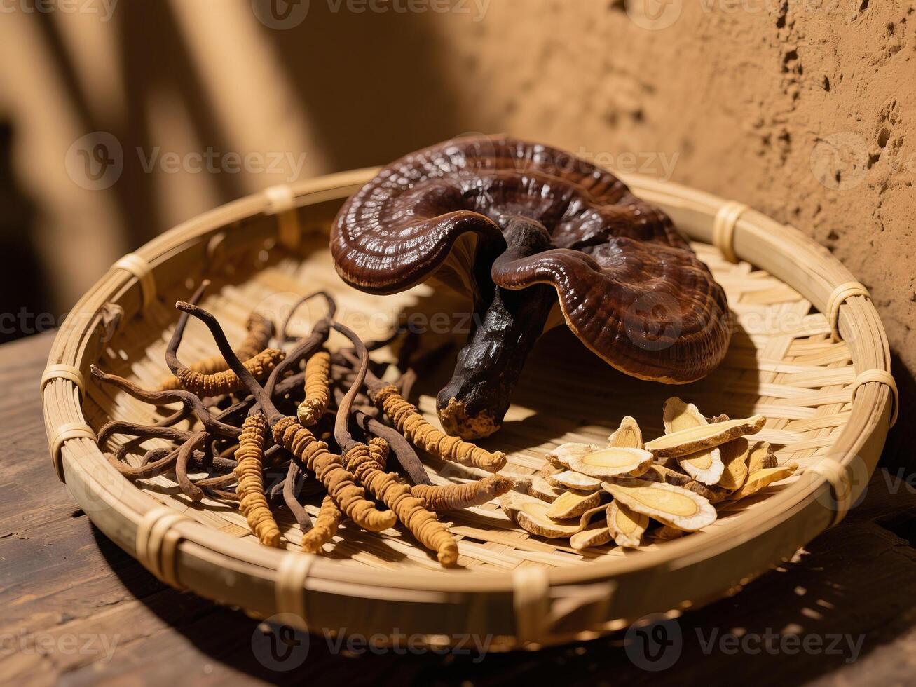 Reishi mushroom, Cordyceps, Astragalus root displayed in a flat basket photo