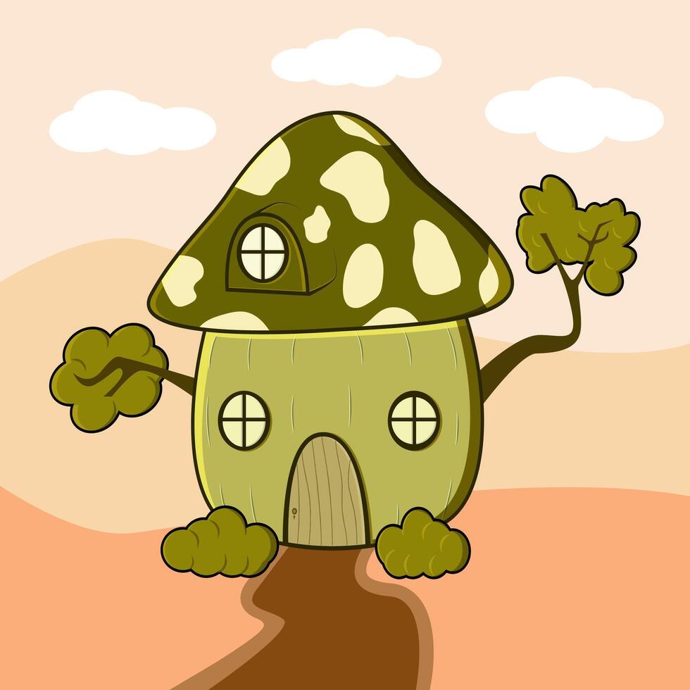 Mushroom house of fairytale design illustration, Cute mushroom house with windows, door, grass. creating a magical and whimsical fairy tale atmosphere vector