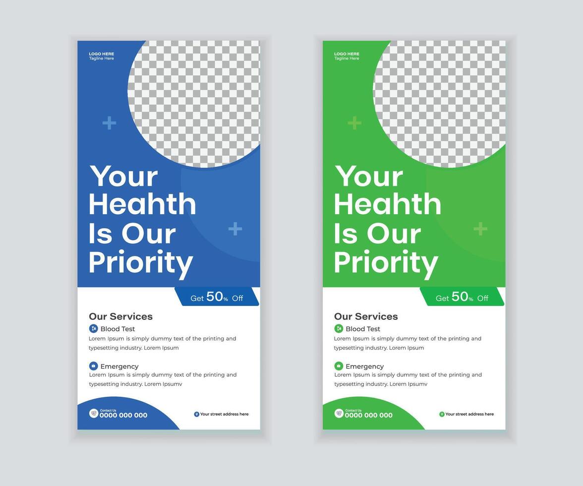 Medical DL Flyer, Roll Up Banner, and Rack Card Template vector
