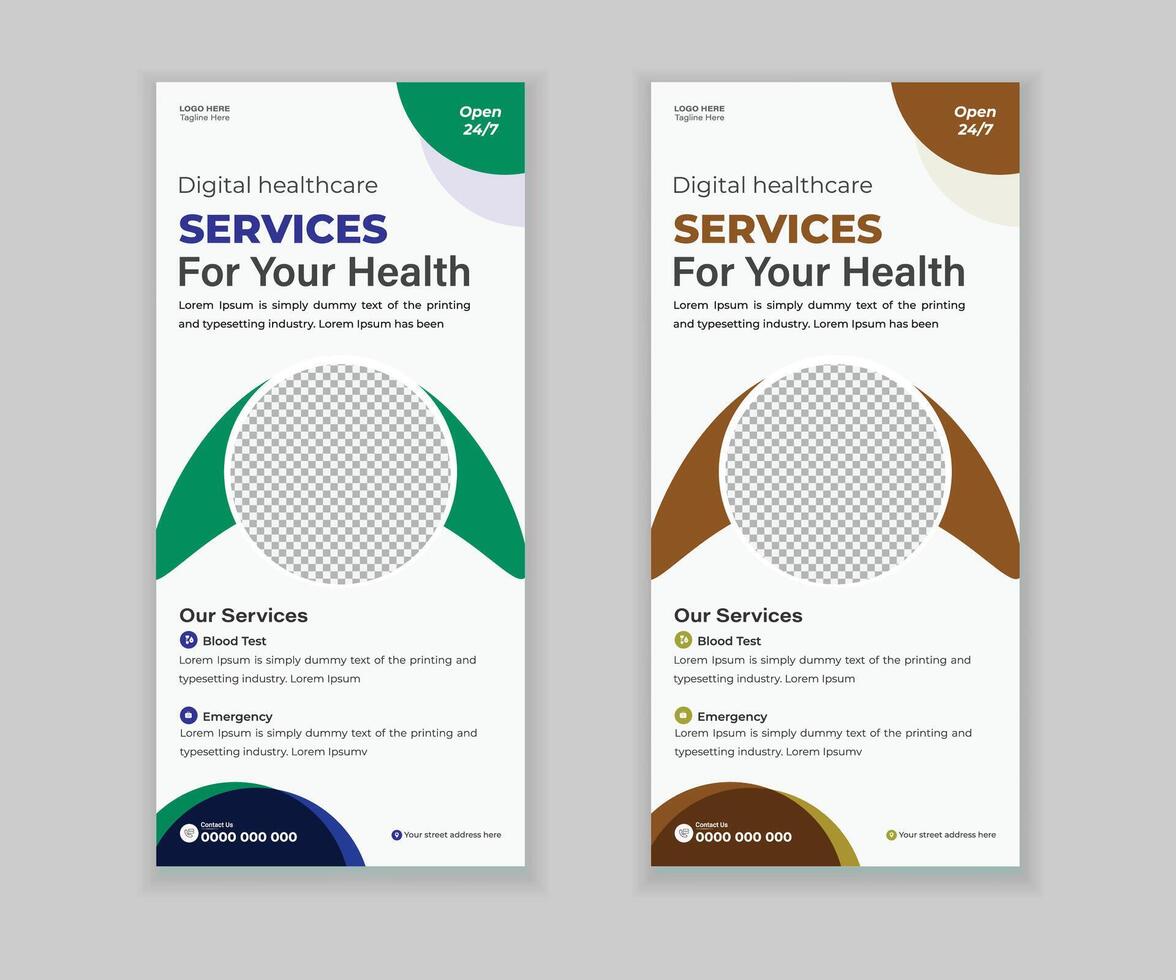 Hospital Advertising Bundle DL Rack Card, Vertical Flyer and Roll-Up Design vector