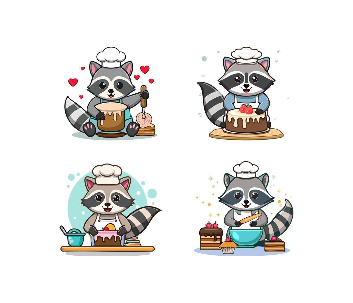 Cute Raccoon baking a cake vector