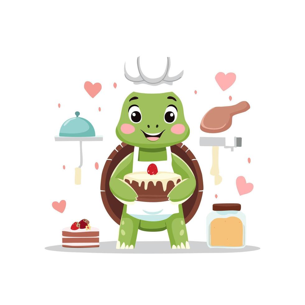 Cute Turtle baking a cake vector