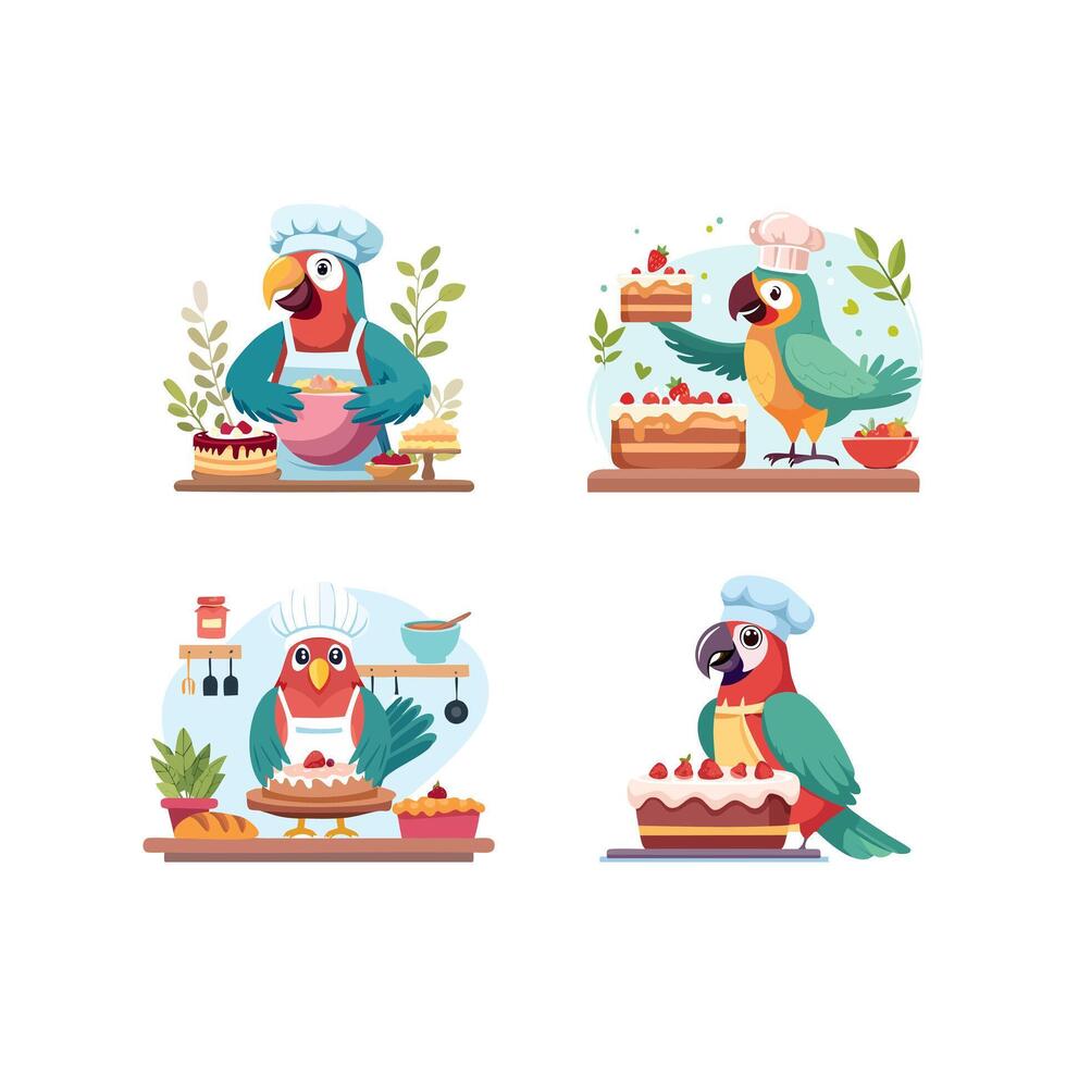 Cute Parrot baking a cake vector