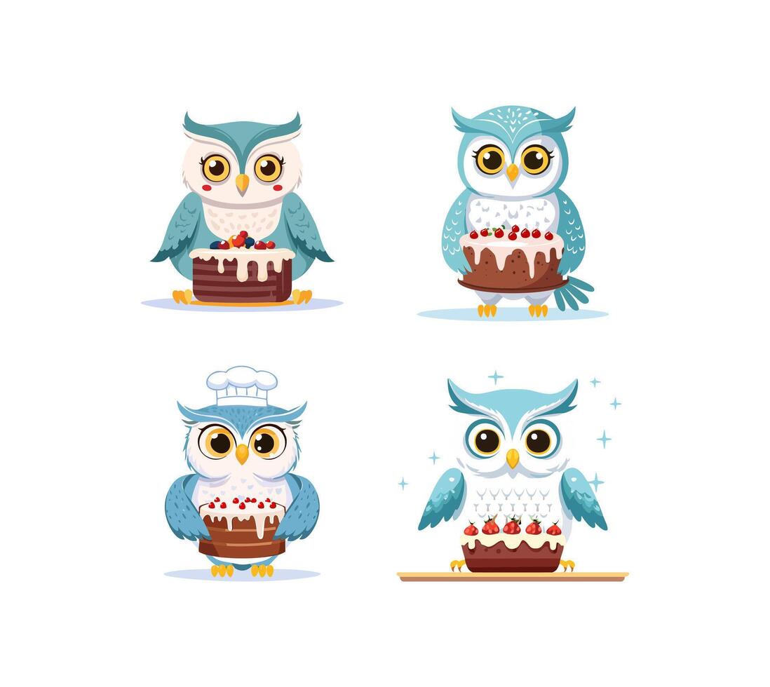 Cute Snowy Owl baking a cake vector