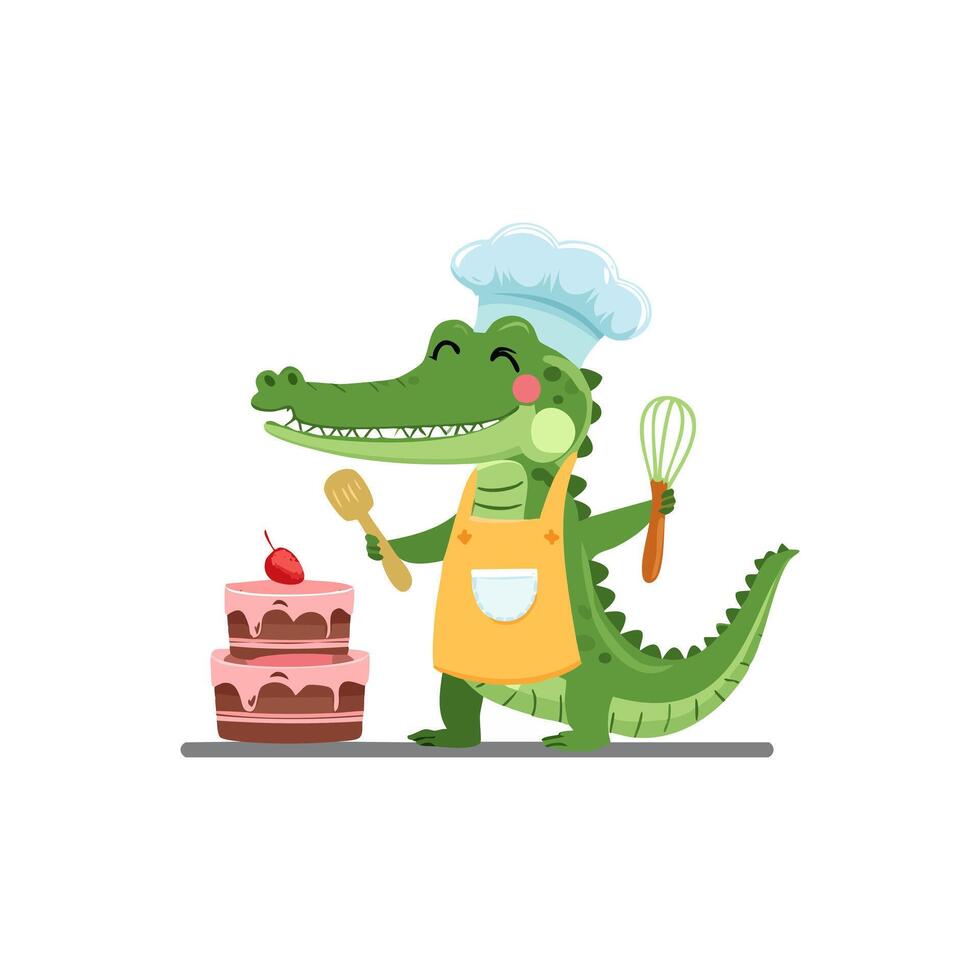 Cute Crocodile baking a cake vector