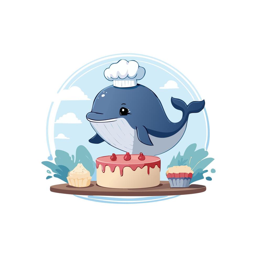 Cute Whale baking a cake vector