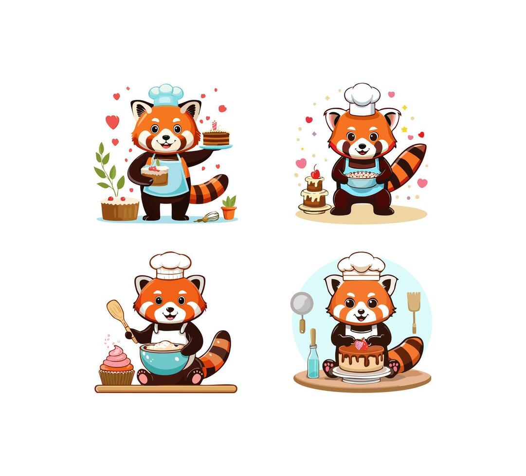 Cute Red Panda baking a cake vector