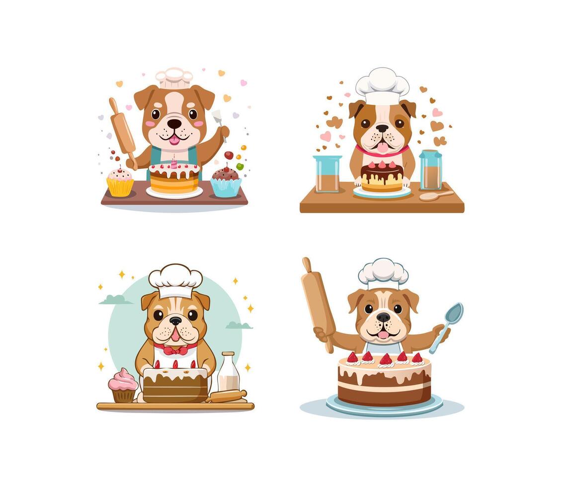 Cute Bulldog baking a cake vector
