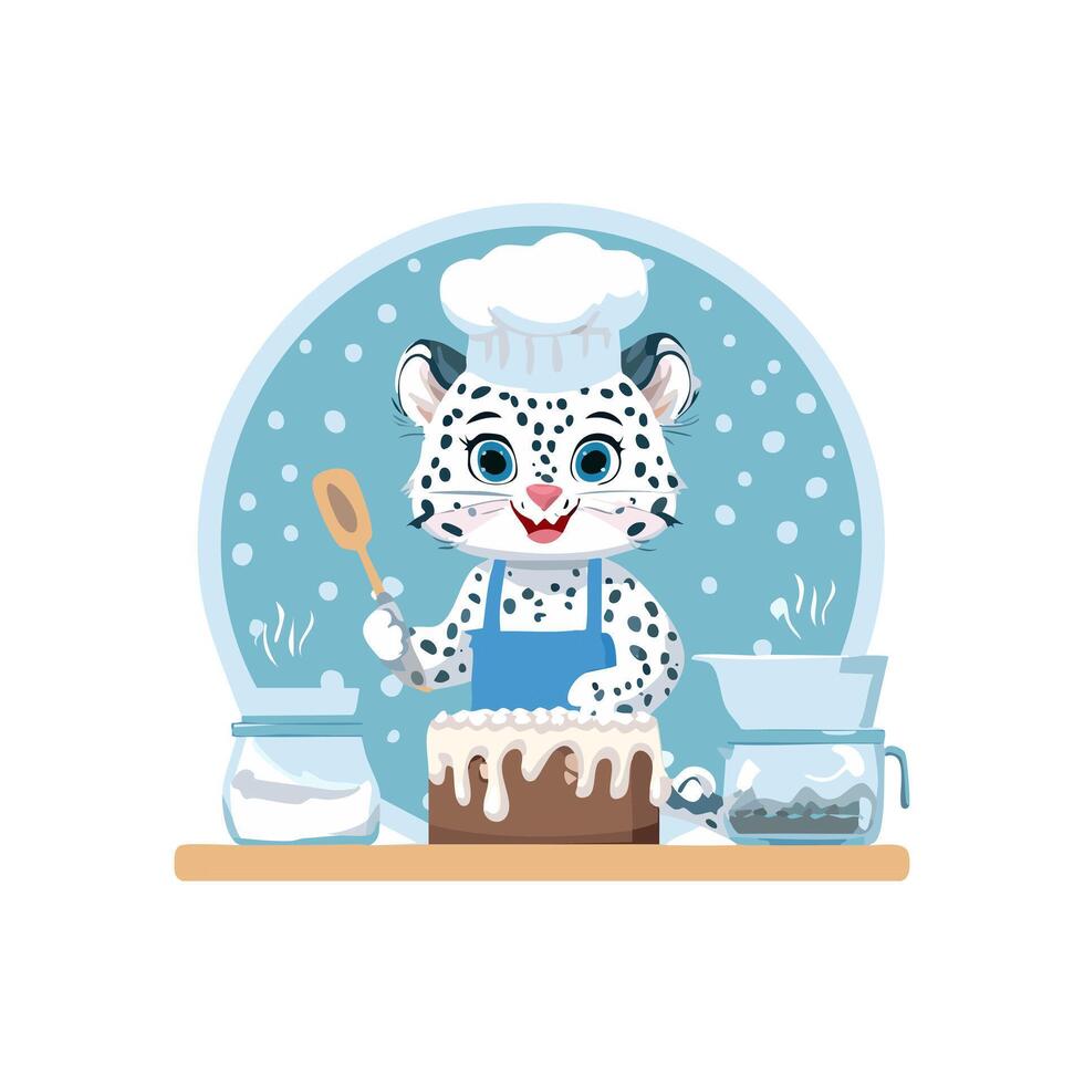 Cute Snow Leopard baking a cake vector