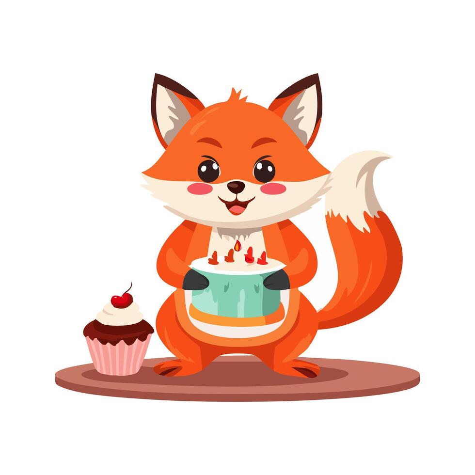 Cute Red Fox baking a cake vector