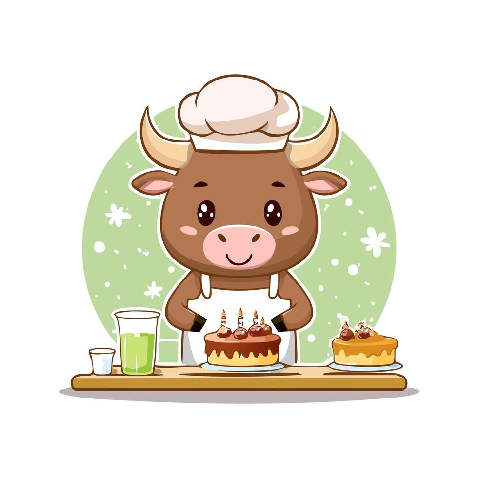 Cute Bull baking a cake vector