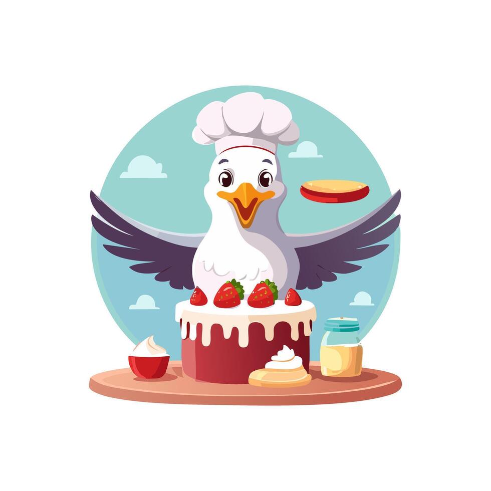 Cute Seagull baking a cake vector