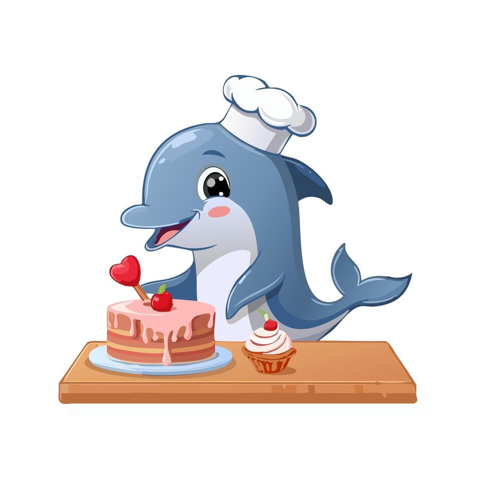 Cute Dolphin baking a cake vector