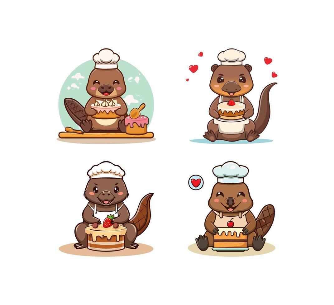 Cute Platypus baking a cake vector