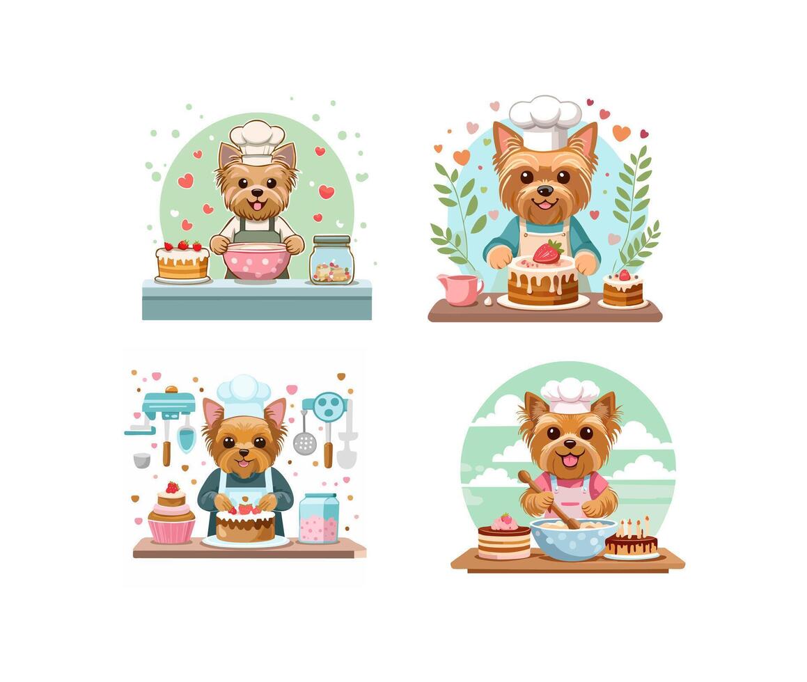 Cute Yorkshire Terrier baking a cake vector