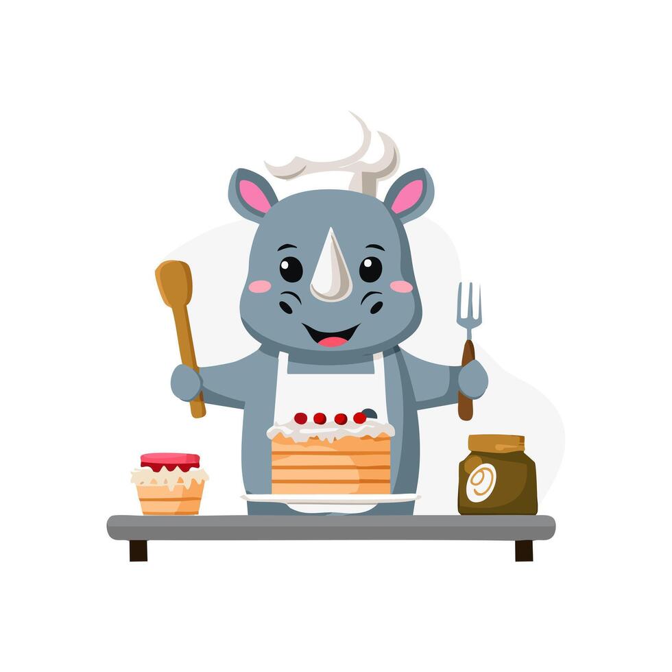 Cute Rhino baking a cake vector