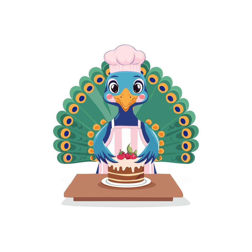 Cute Peacock baking a cake vector