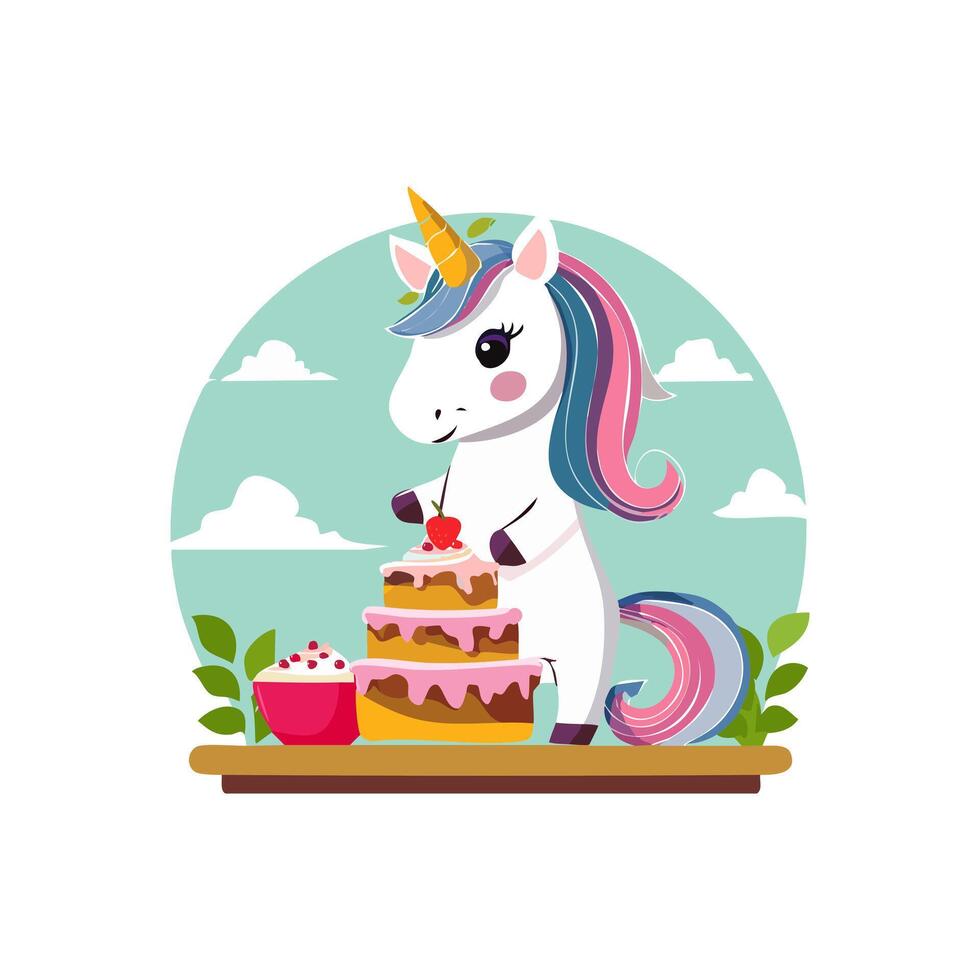 Cute Unicorn baking a cake vector