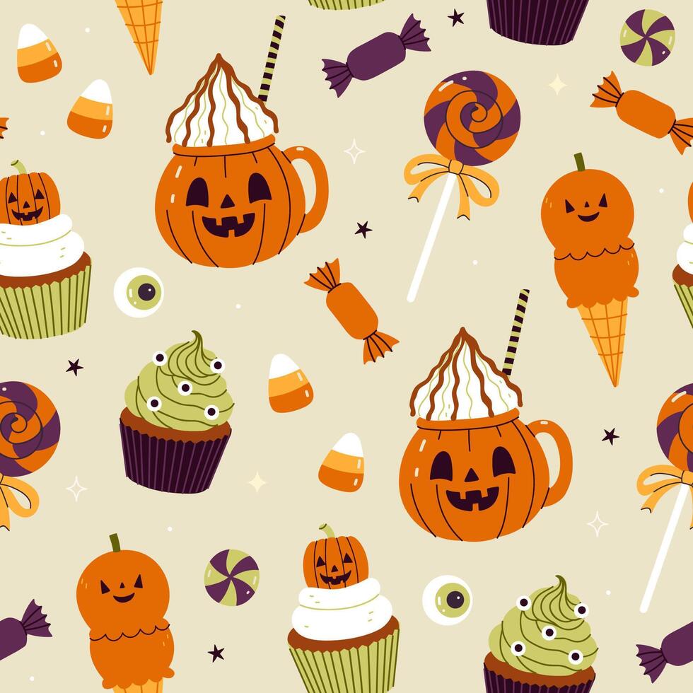 Seamless pattern with sweets and treats in Halloween style. graphics vector