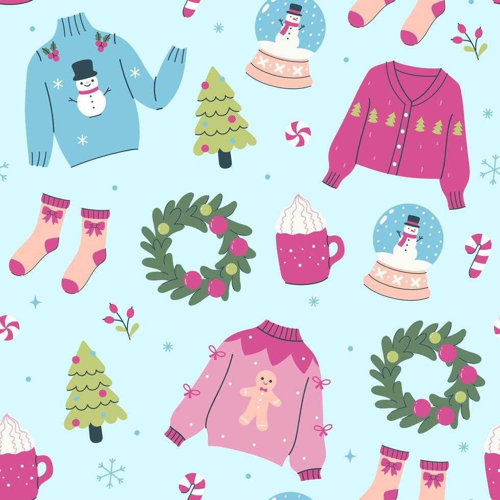 Seamless Christmas pattern with ugly sweaters and other items. graphics. vector