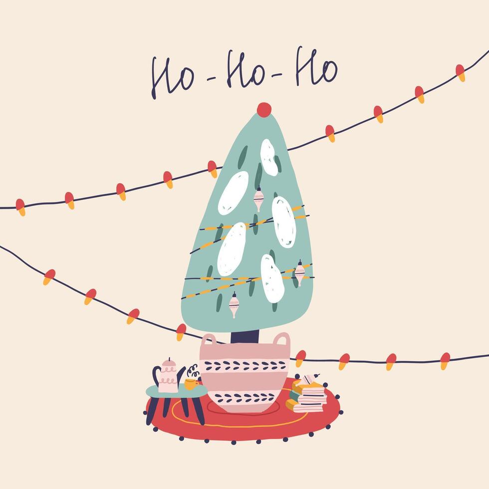 Christmas decorated with Christmas trees in a basket with garlands on a mat vector