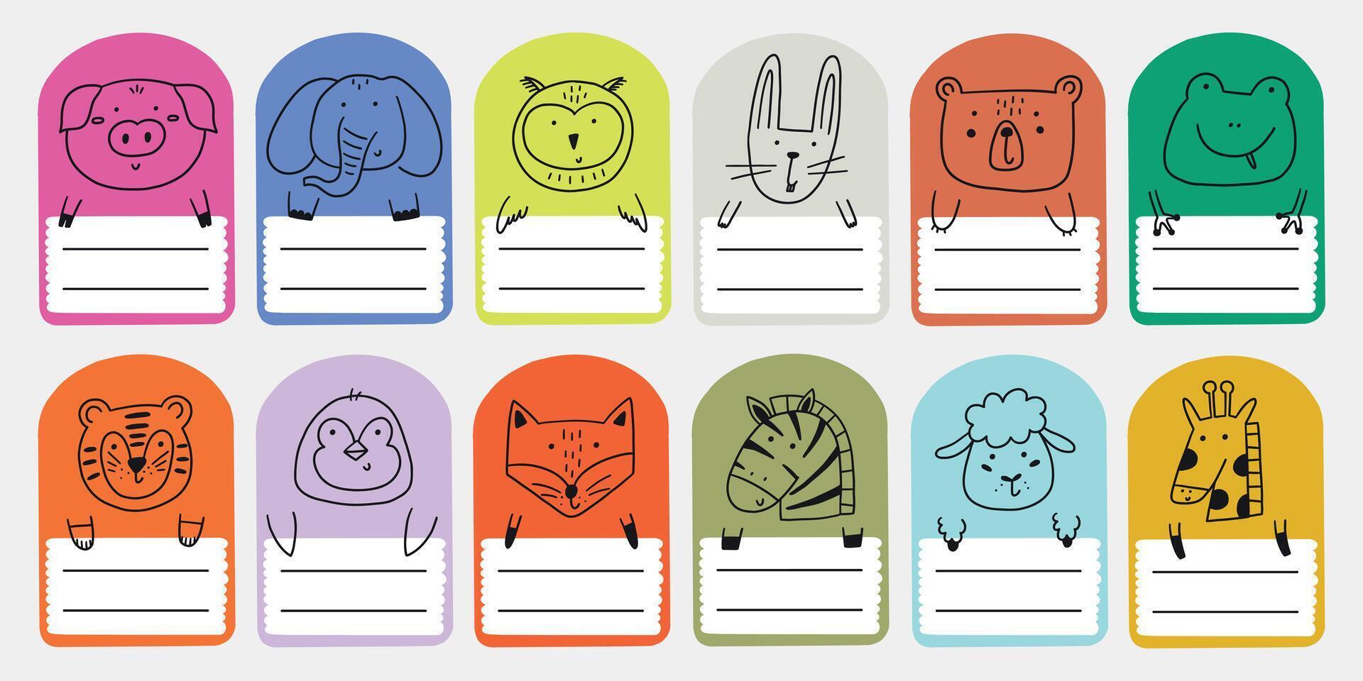 Cute school name tag sticker with animals set vector