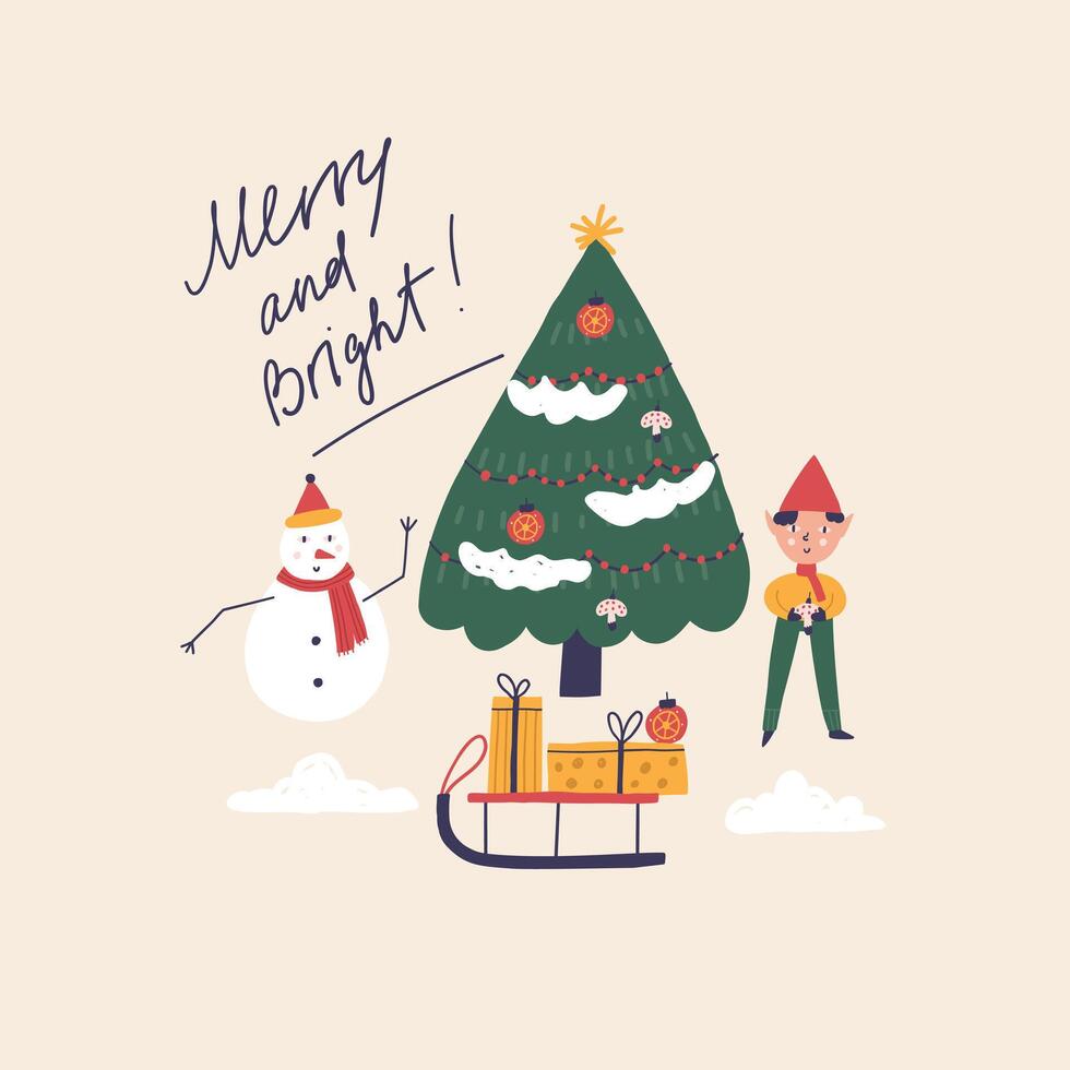 Christmas tree is decorated with ornaments of snowman and elf vector