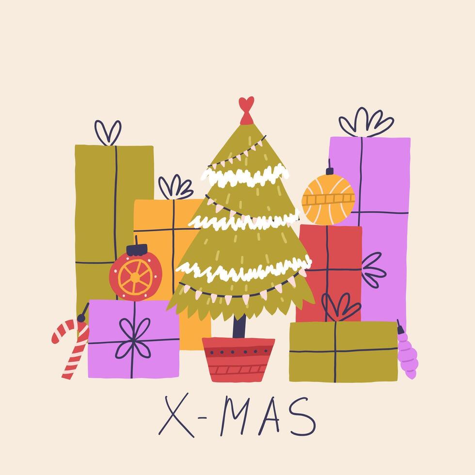 Christmas greeting square card snow tree with gift box and balls vector