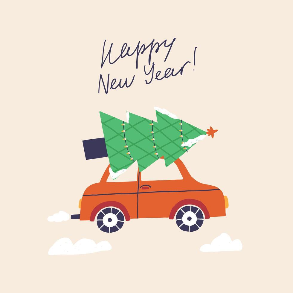 Christmas tree on the roof of red car vector