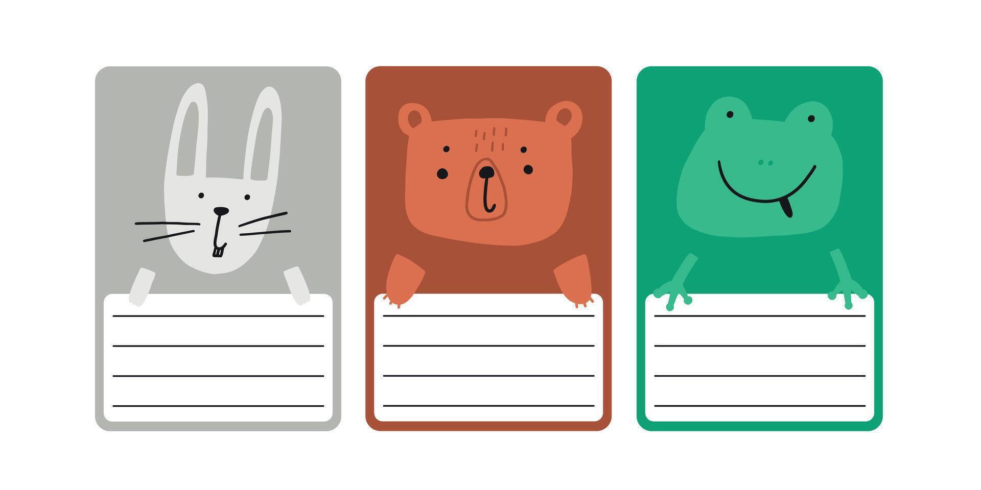 Cute school name tag trendy animals flat vector