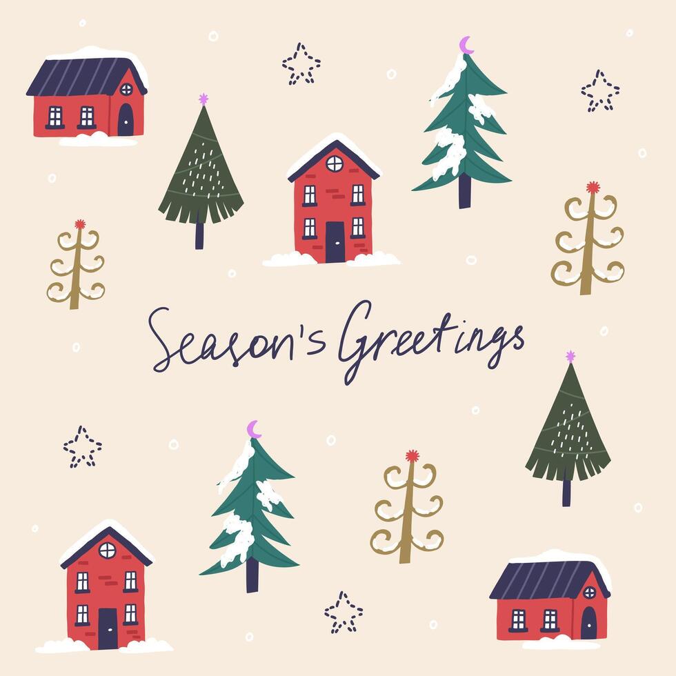 Christmas Season Greeting village with snow trees vector