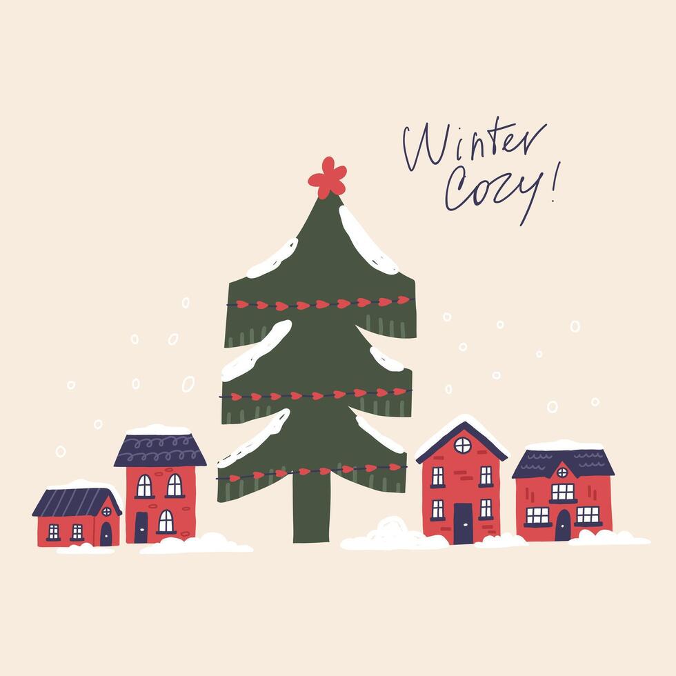 Christmas Tree with Snow Covered Houses vector