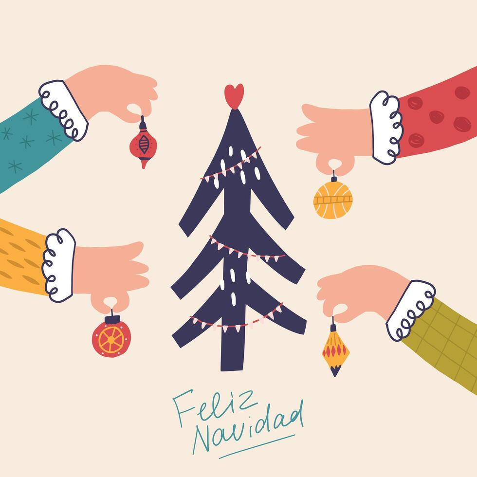 Christmas Tree is Decorated by Hand with Xmas Tree Toys vector