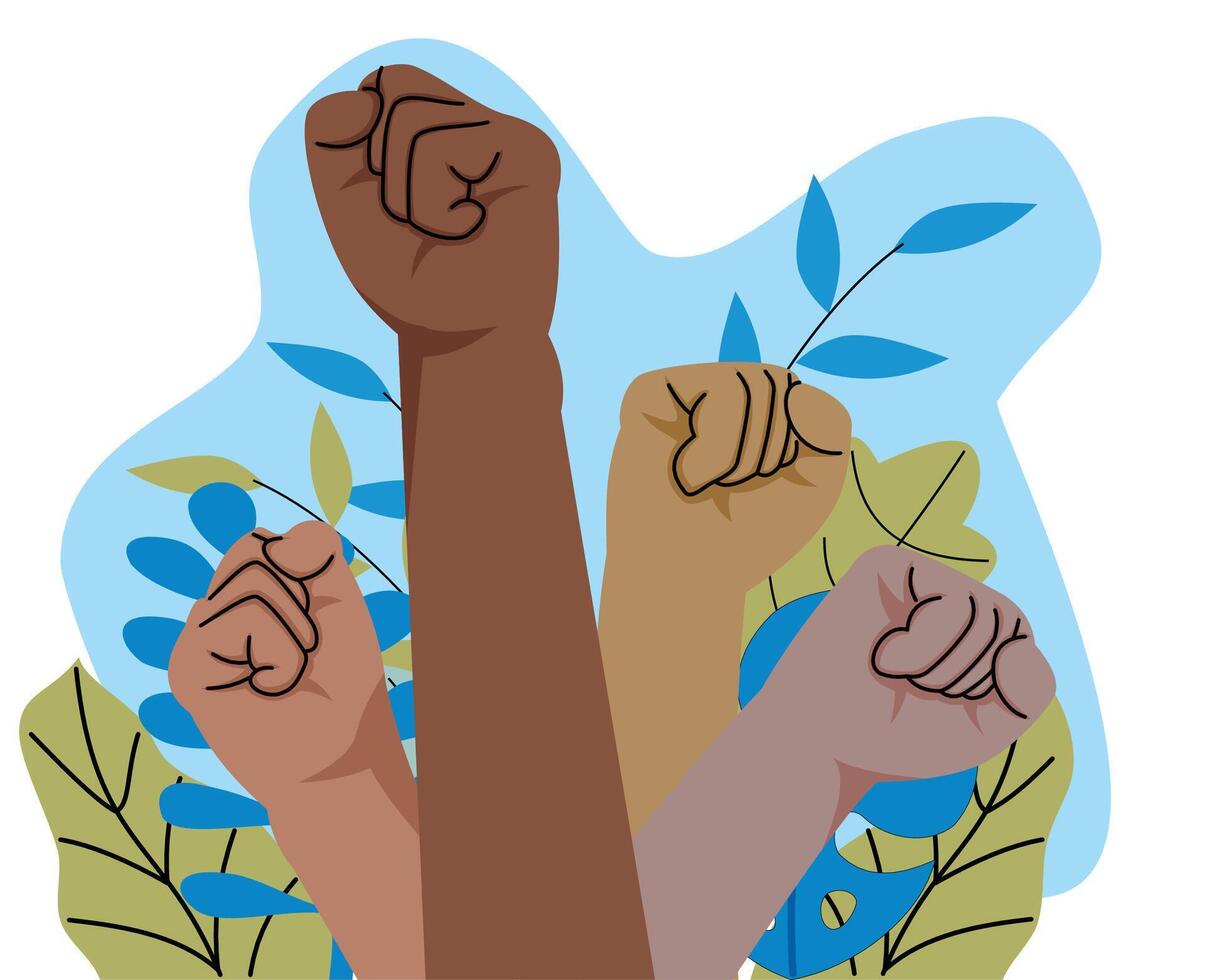 multiracial raised fists. Illustration of clenched fist. protest. labour. juneteenth. spirit vector