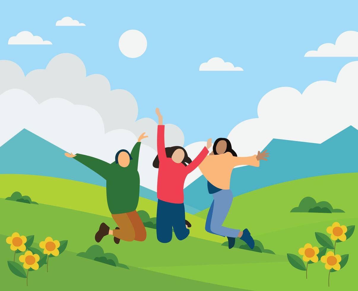 happiness excitement are evident expression these young women as they jump nature. Women jumping and being happy. happy friends jumping with a background of grass and mountains vector