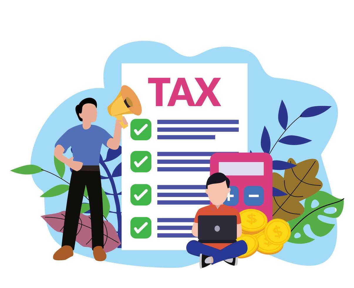 man hold megaphone with big tax form illustration. tax illustration. Monthly expense planning. Tax with businessman flat illustration vector