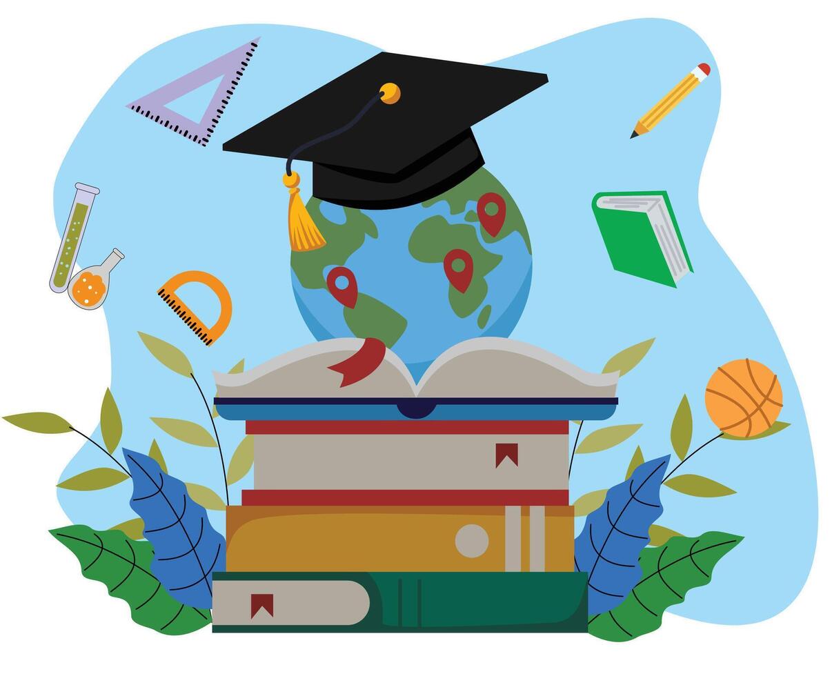 Illustration of open book with globe and education icon. Education illustration. elementary school. back to school vector