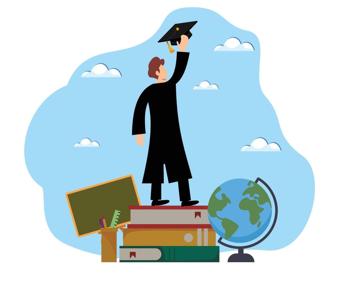man wearing toga standing holding graduation cap and standing on giant pile of books. education background vector