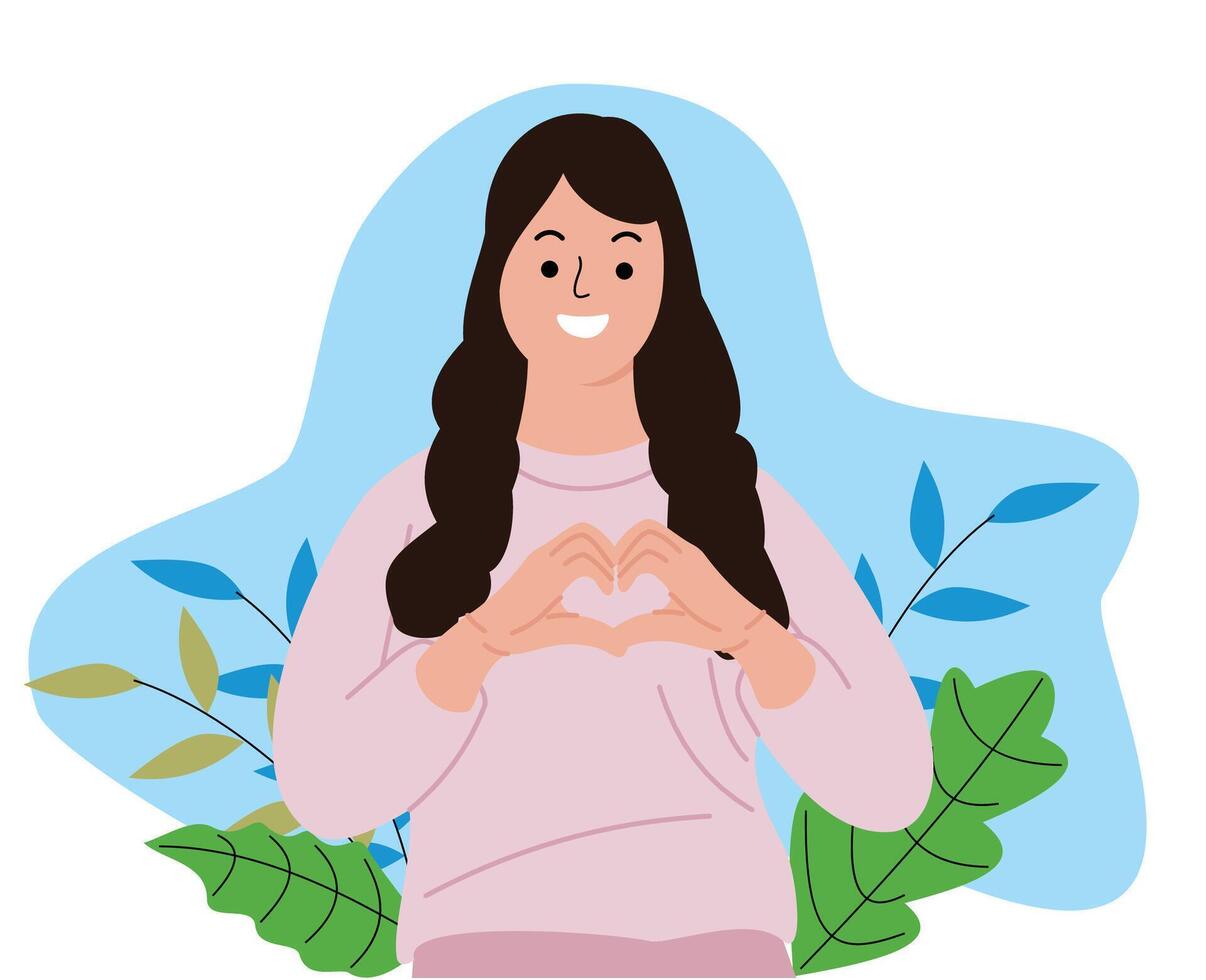 woman standing showing heart sign smiling happy. Girl shows heart gesture with hands. Happy friendly female smiling expressing love and kindness vector