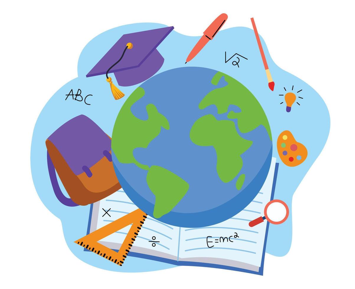Welcome back to school. Illustration of open book with globe and education icon. Education illustration. elementary school. international day education. world book day vector