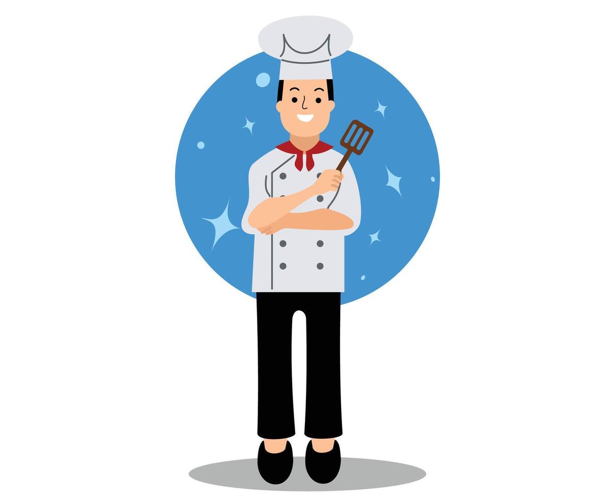 Man Chef Cooking Cartoon Illustration. Happy chef character with spatula vector