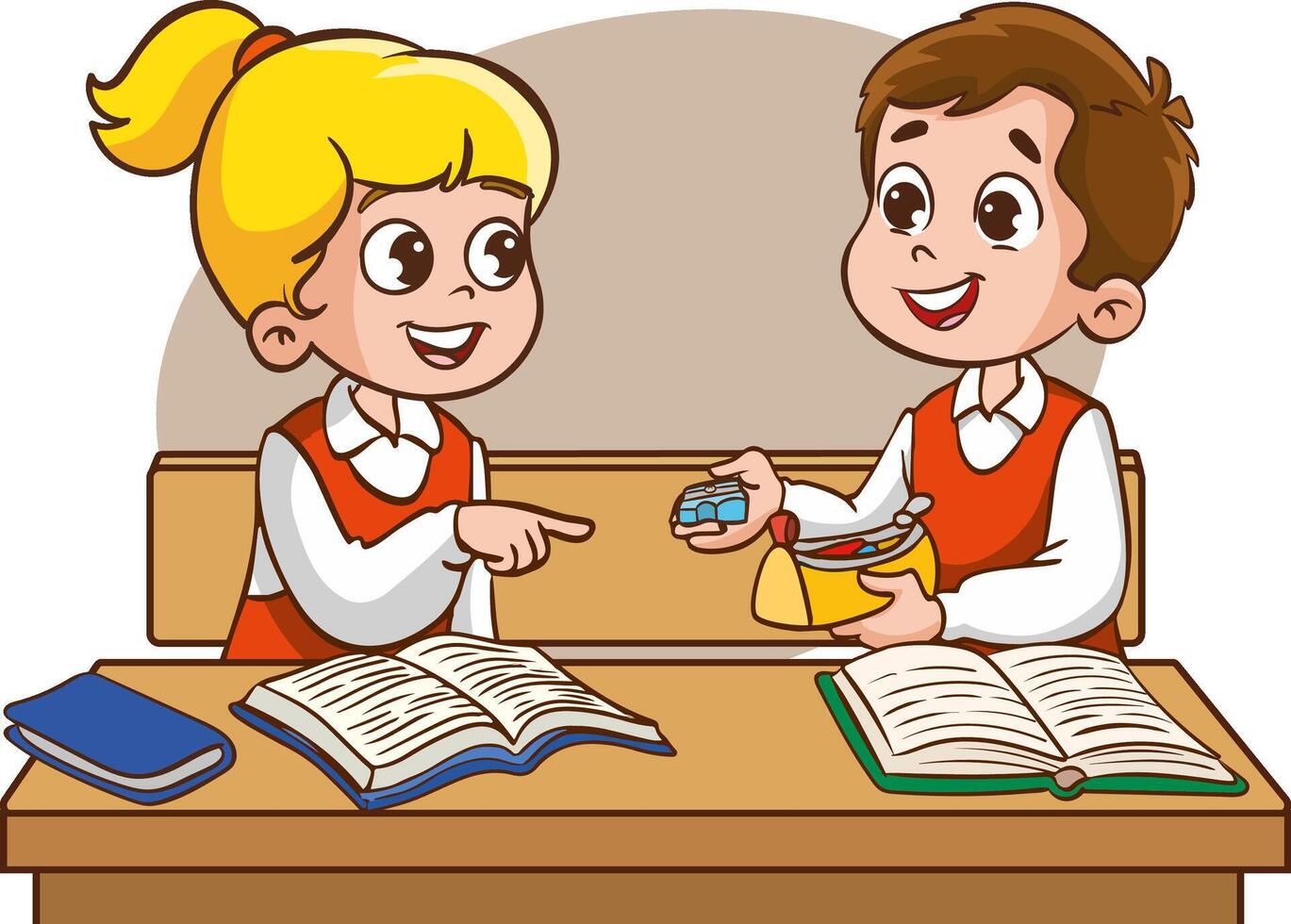 Two child classmates sitting together at desk chatting in classroom flat illustration isolated on white. Diverse pupils at desk with school supplies and backpacks vector
