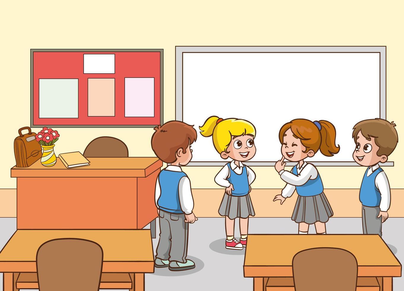 illustration of cute group of students chatting in classroom vector