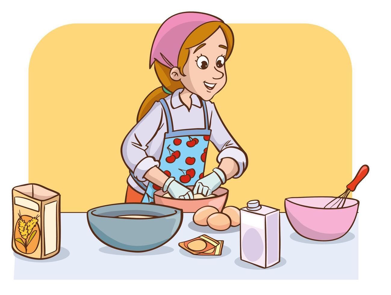 illustration of woman making cake or bread in the kitchen vector