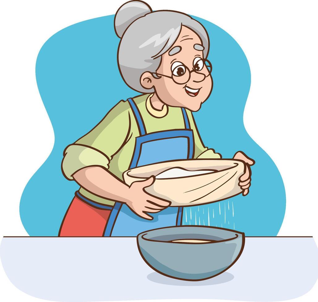 Grandma sifting flour. Sieve in a cup. Baking ingredients. Kitchenware. Baking dough. vector