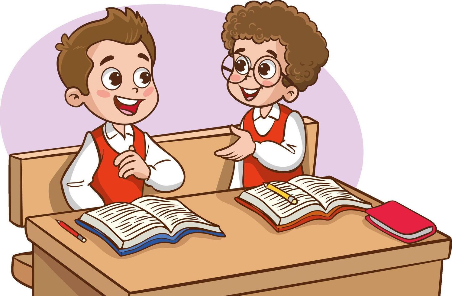 Two boys classmates sitting together at desk chatting in classroom flat illustration vector