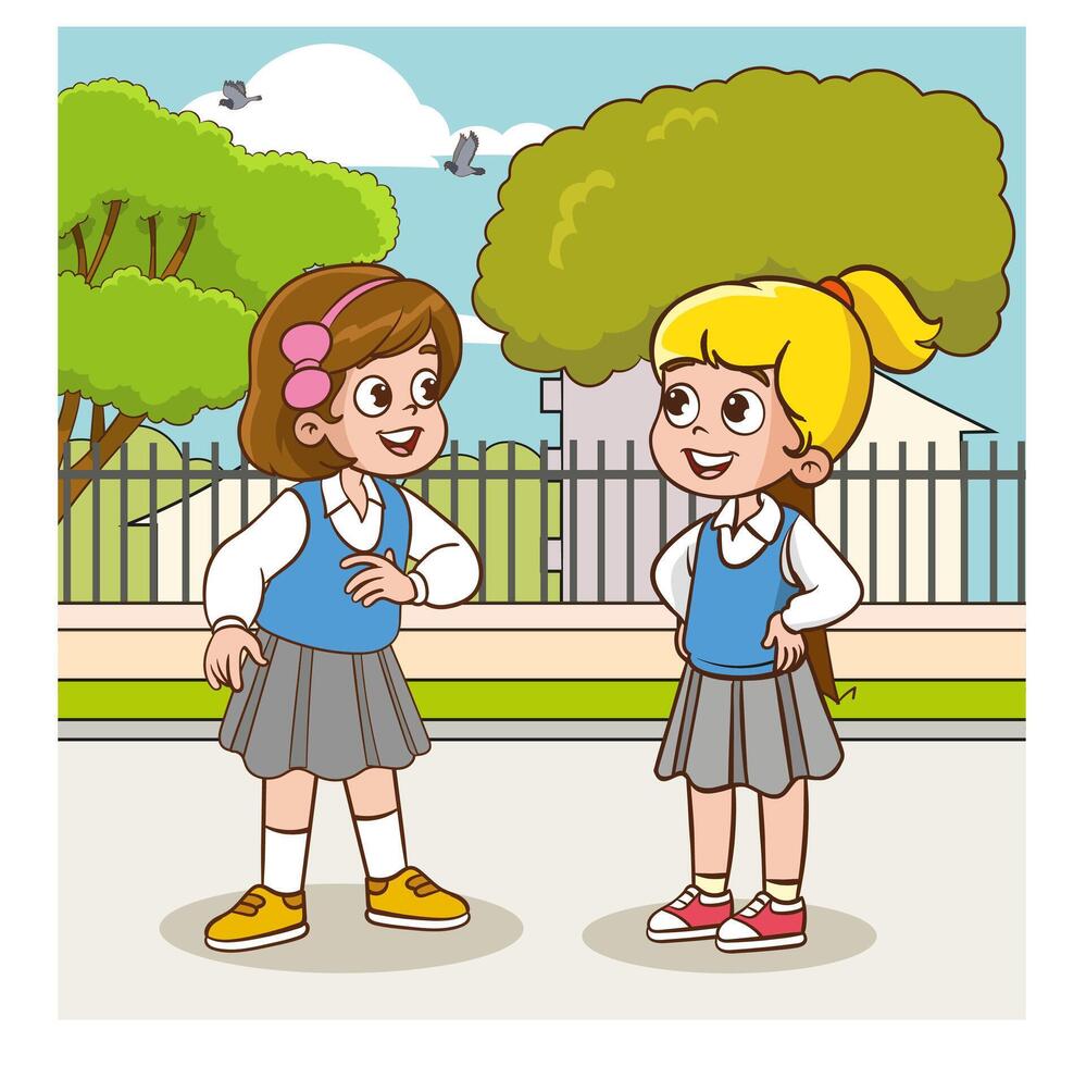 two cute schoolgirls chatting vector