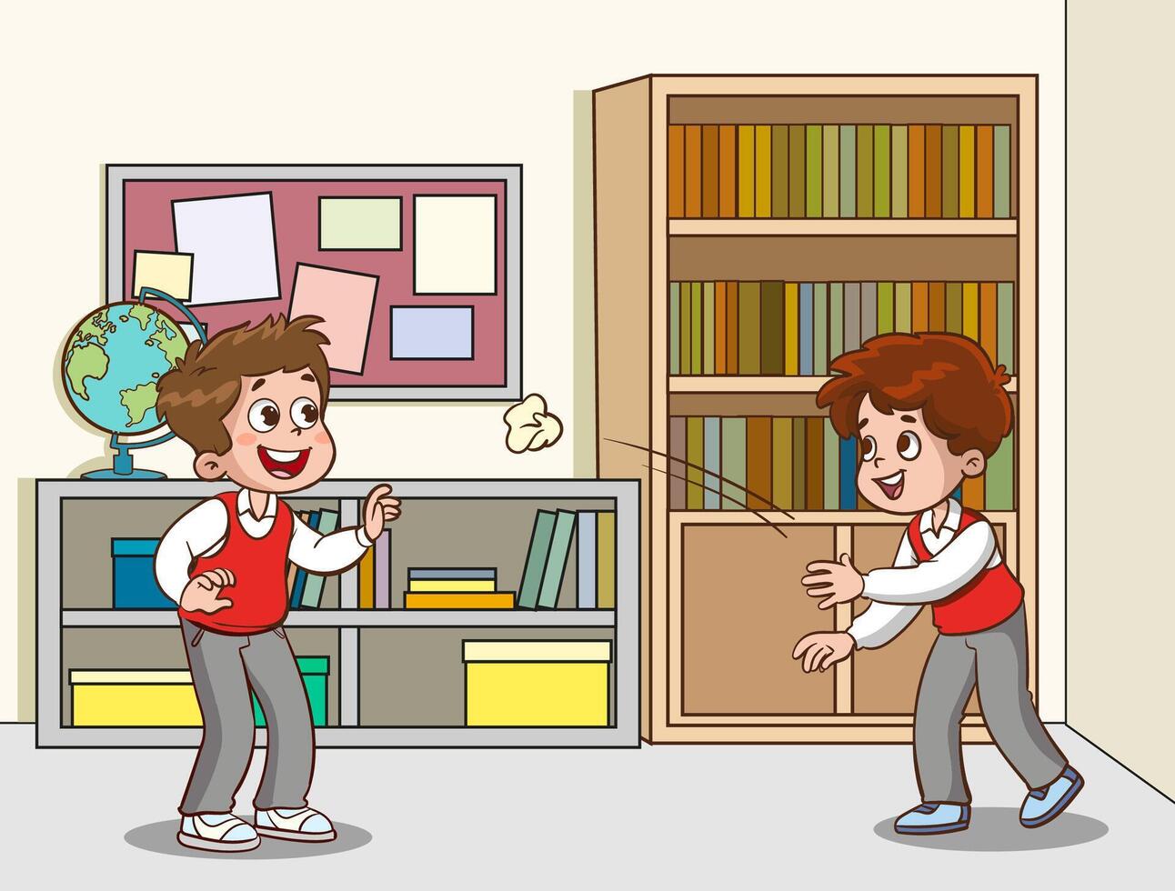 Student boy throwing trash at his friend vector